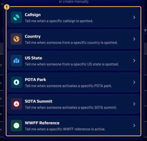 Choose alert type dialog with the six manual alert types highlighted.