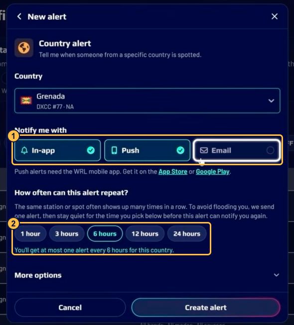 Country alert form with delivery methods marked 1 and repeat settings marked 2.