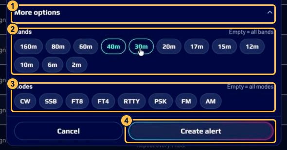 Expanded More options with bands, modes, and Create alert highlighted.