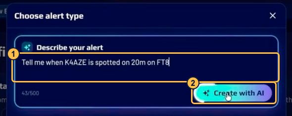 Describe your alert field containing a K4AZE, 20m, FT8 request and the Create with AI button.